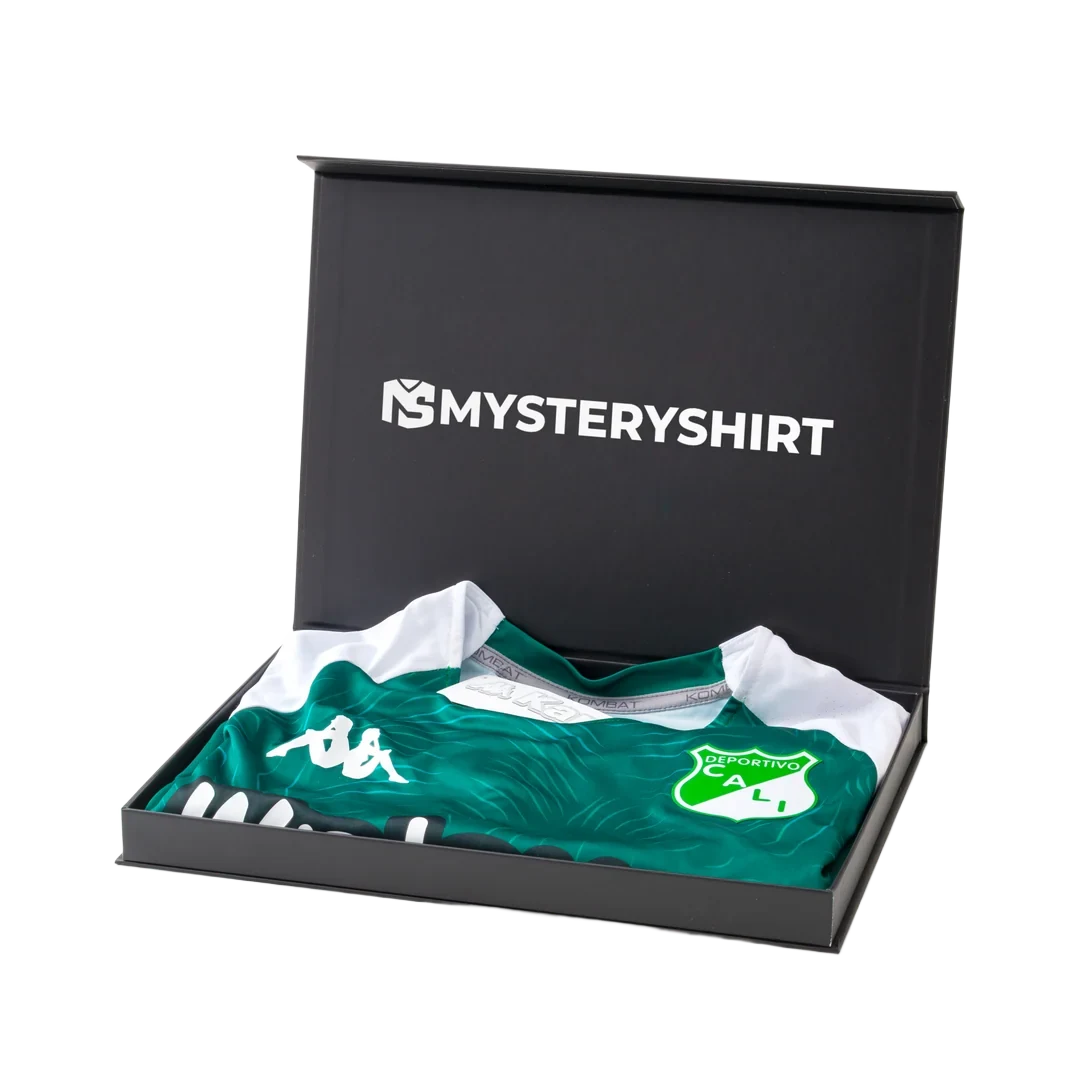 Adventure Mysteryshirt Box, open, with a Deportivo Cali shirt inside