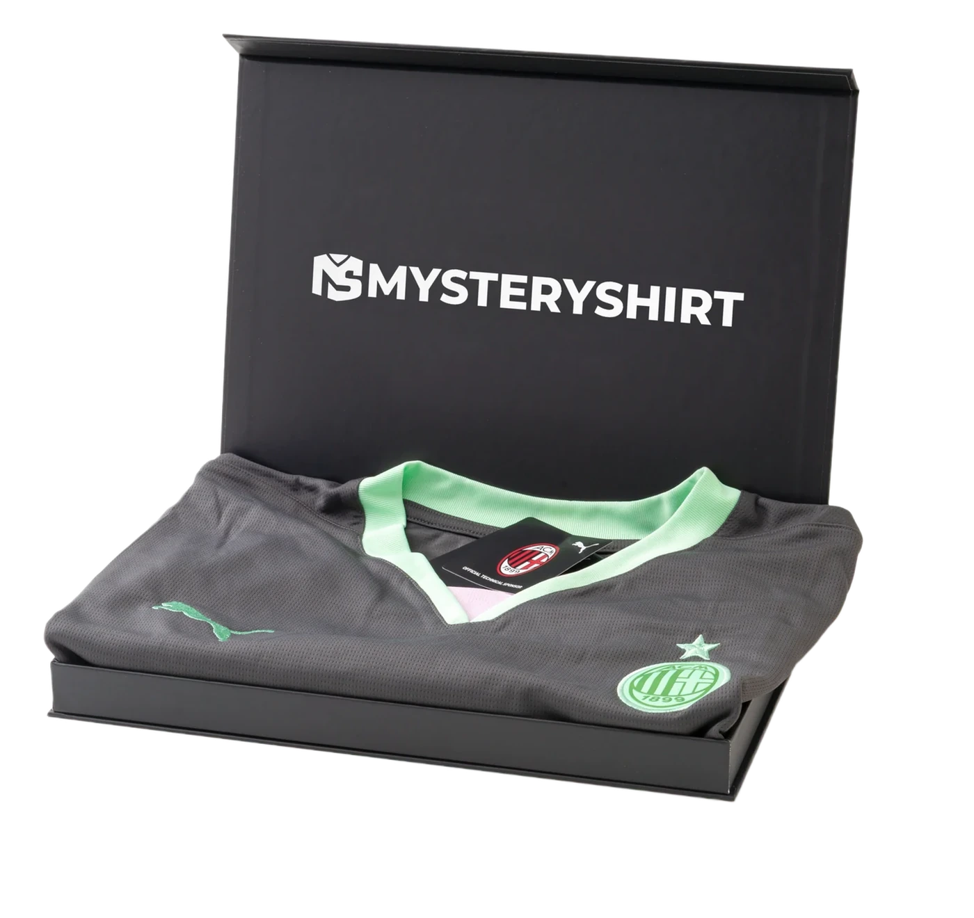 Premium Mysteryshirt Box, open, with an AC Milan shirt inside