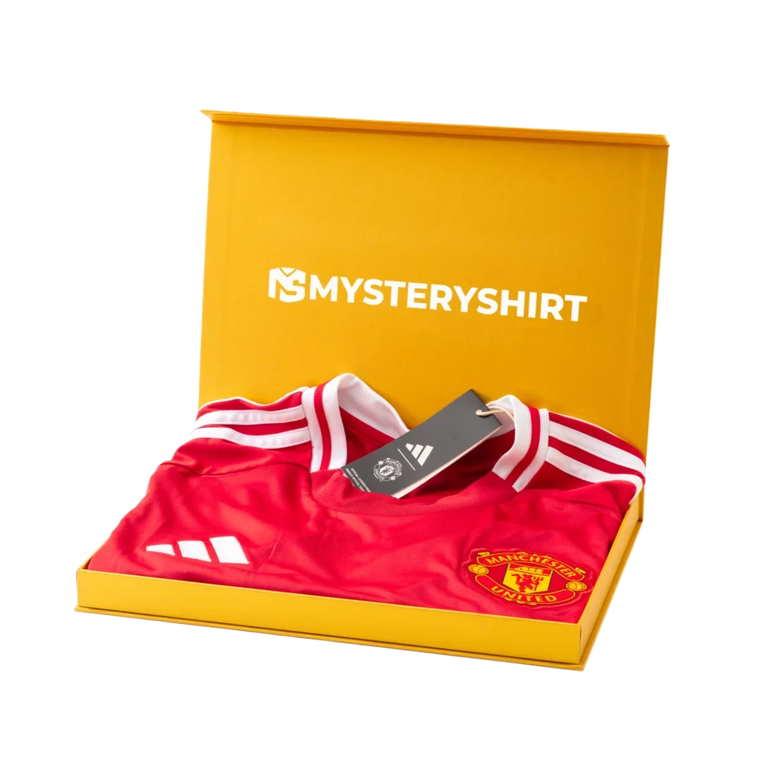 Signed Mysteryshirt Box, open, with a signed Manchester United shirt inside